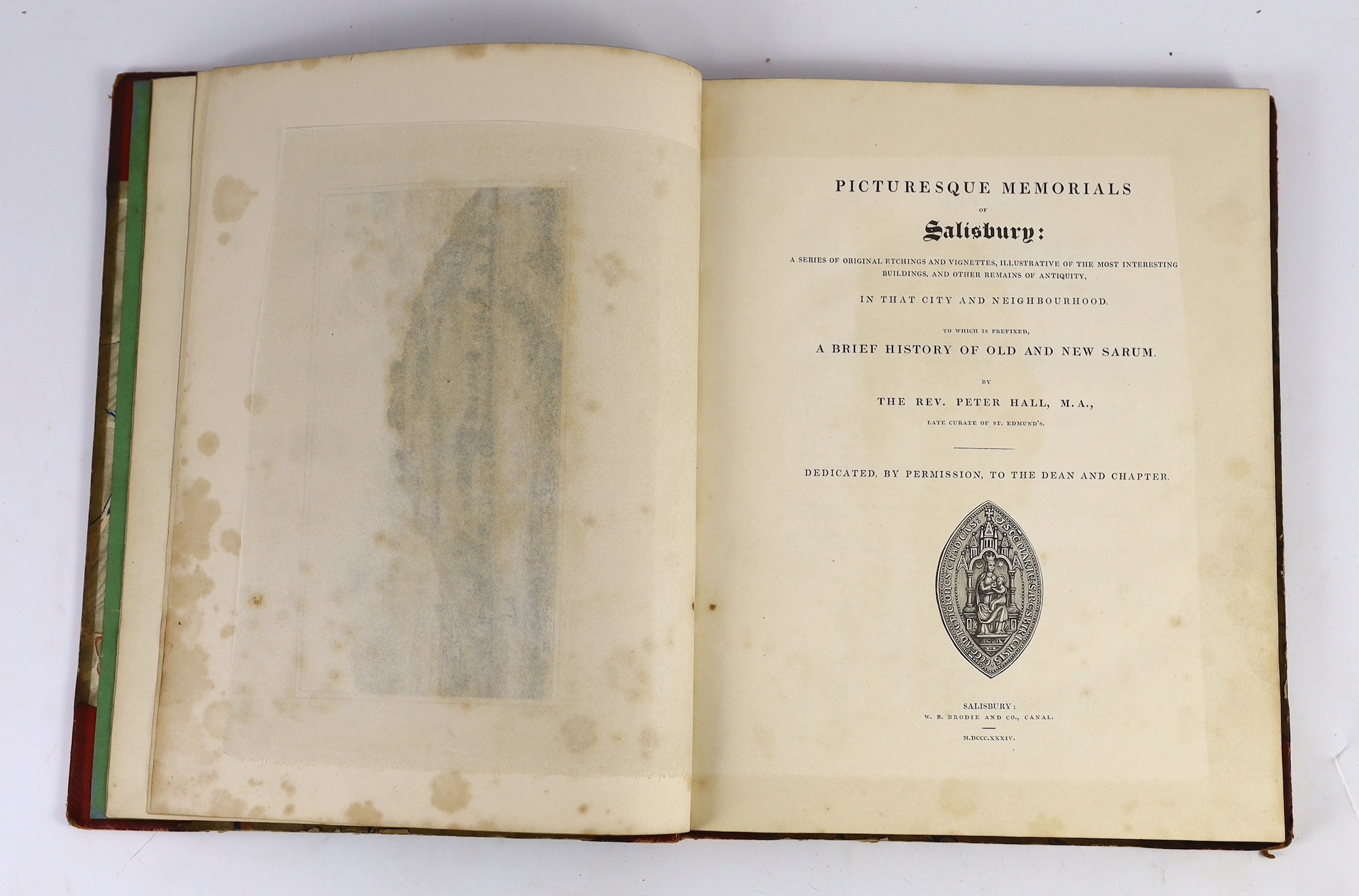 WILTSHIRE: Hall, Rev. Peter - Picturesque Memorials of Salisbury ... (and) a brief History of Old and New Sarum. 29 guarded plates, text engravings, subscribers list; contemp. red half calf and marbled boards, gilt spine